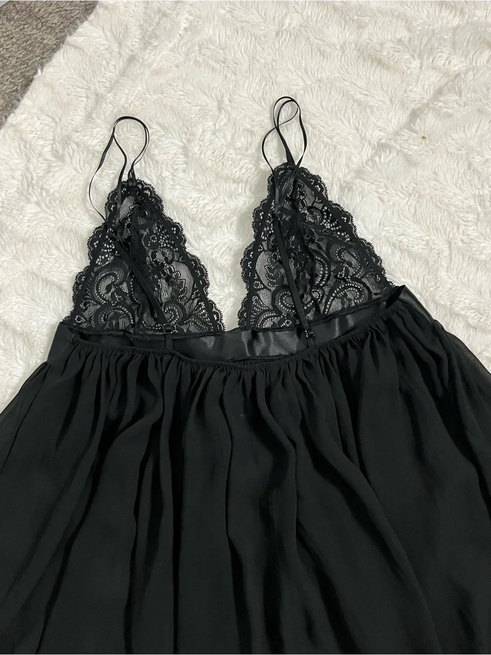 Victorias Secret M Black Lace Babydoll Slip Dress Coquette Bow Sheer Nightgown